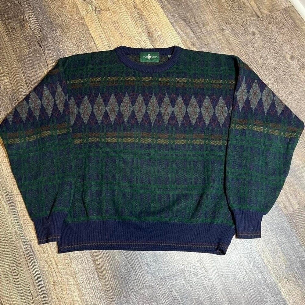 Vintage 1990s Hunt Club Argyle Plaid Wool Blend Sweater Green Blue XL Made Italy